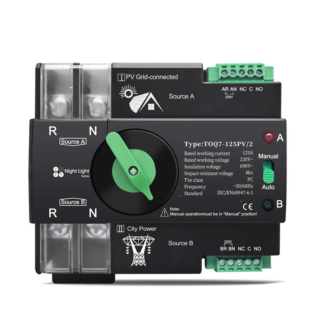 YUANGOU 220V 230V Din Rail ATS for PV Dual Power Automatic Transfer Electrical Selector Switch Uninterrupted 2P 63A 100A 125A TOQ7