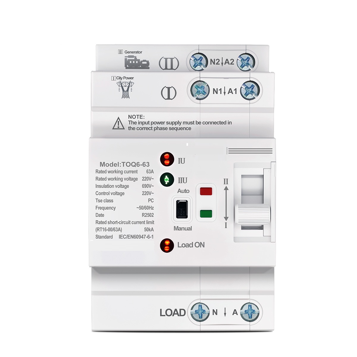 YUANGOU Din Rail ATS L N 220V Small Dual Power Automatic Transfer Electrical Selector Switches Uninterrupted 2P 63A TOQ6